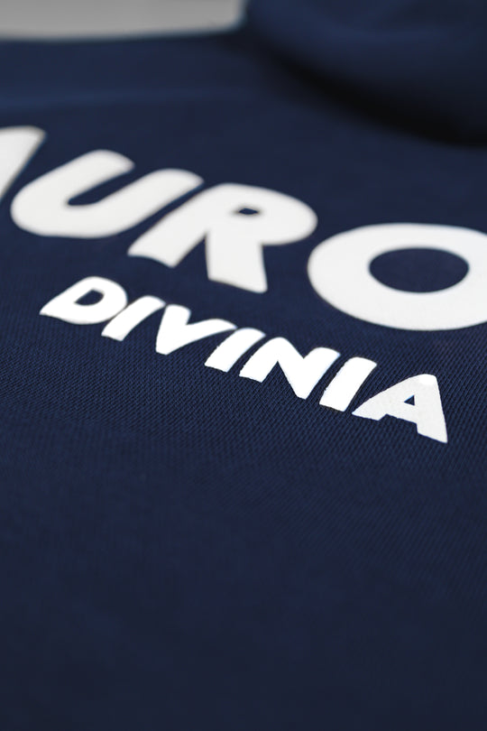 Aurora Divinia logo on a dark blue pull over hoodie